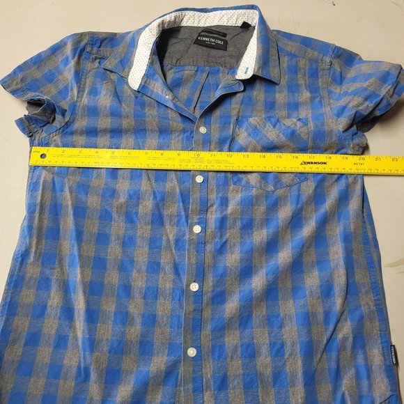 Kenneth Cole Men's Button Up Plaid Blue/Grey Short Sleeve Shirt Size: XL - Picture 10 of 13